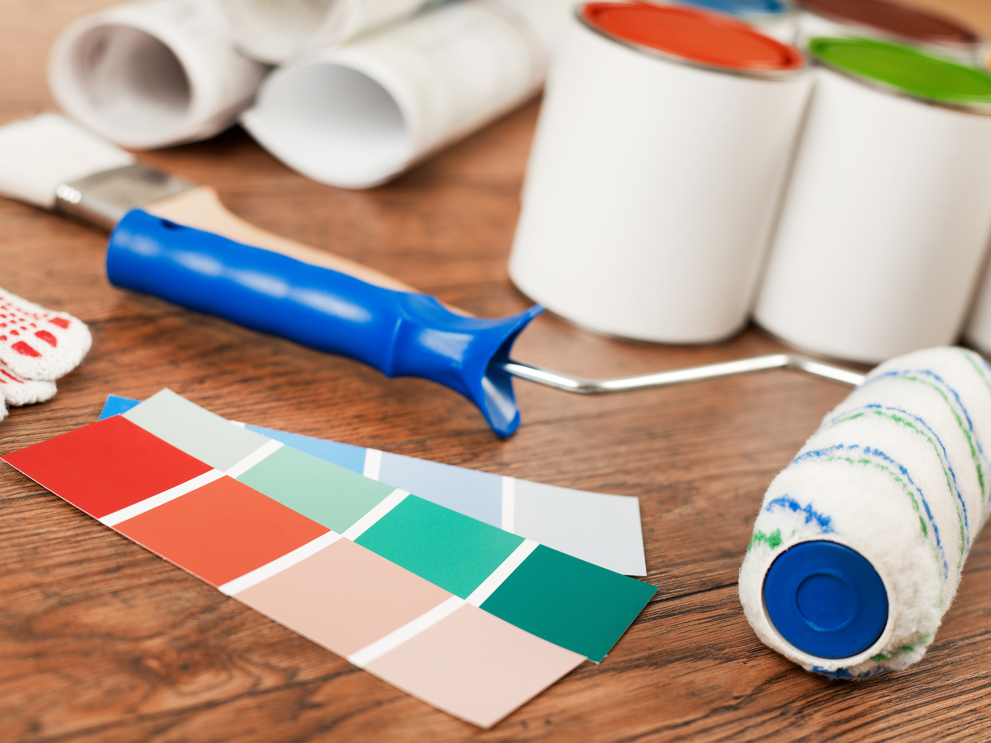Paint color cards, paint roller and cans