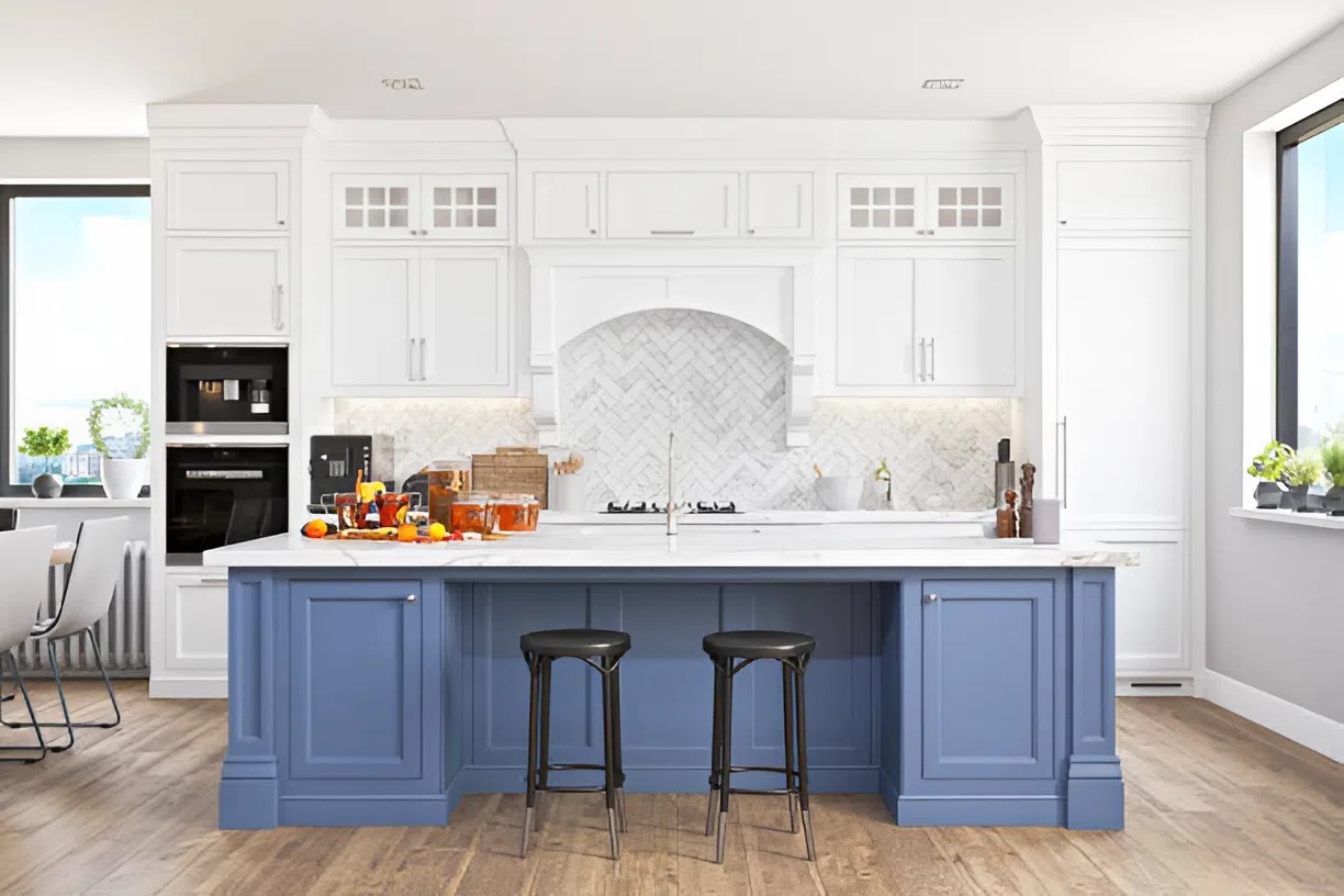 Bright kitchen interior with blue and white cabinets painted by a house painter in Seminole, FL