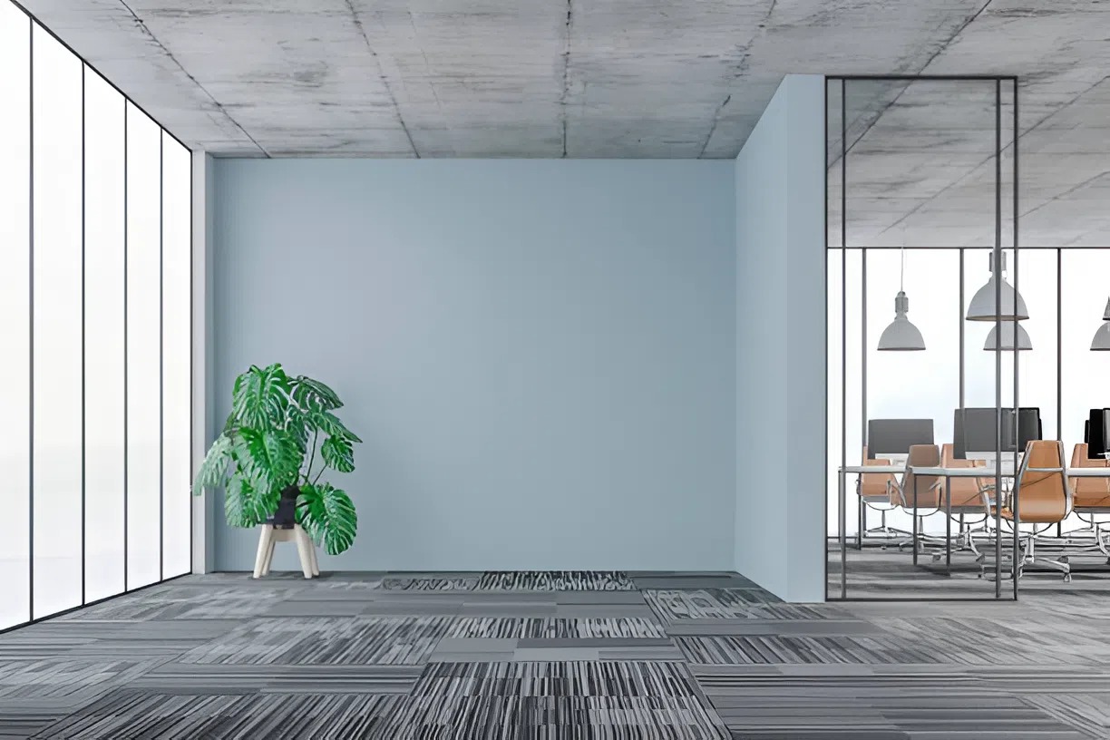 Modern office interior with soft gray-blue painted wall painted by a professional painter in Brandon, FL