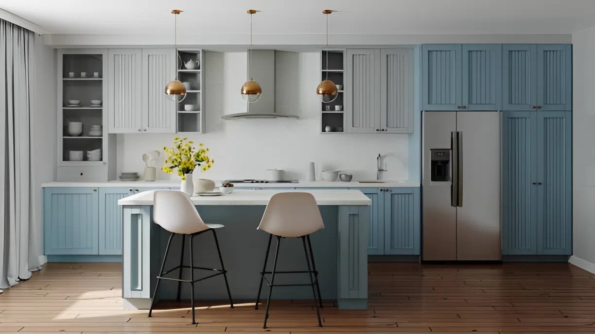 Freshly white painted modern kitchen with blue accents completed by a painter in St. Pete Beach, FLFreshly white painted modern kitchen with blue accents completed by a painter in St. Pete Beach, FL