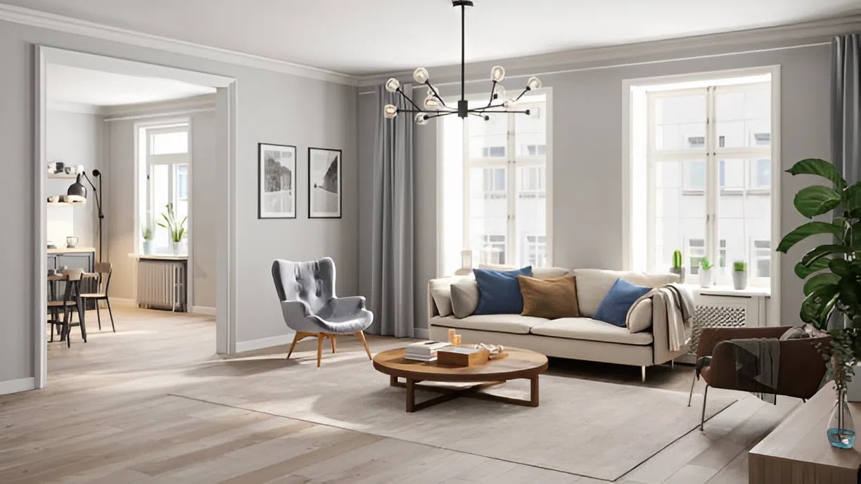 Living room with light neutral wall paint with soft gray tones by an interior painter in St. Pete Beach, FL