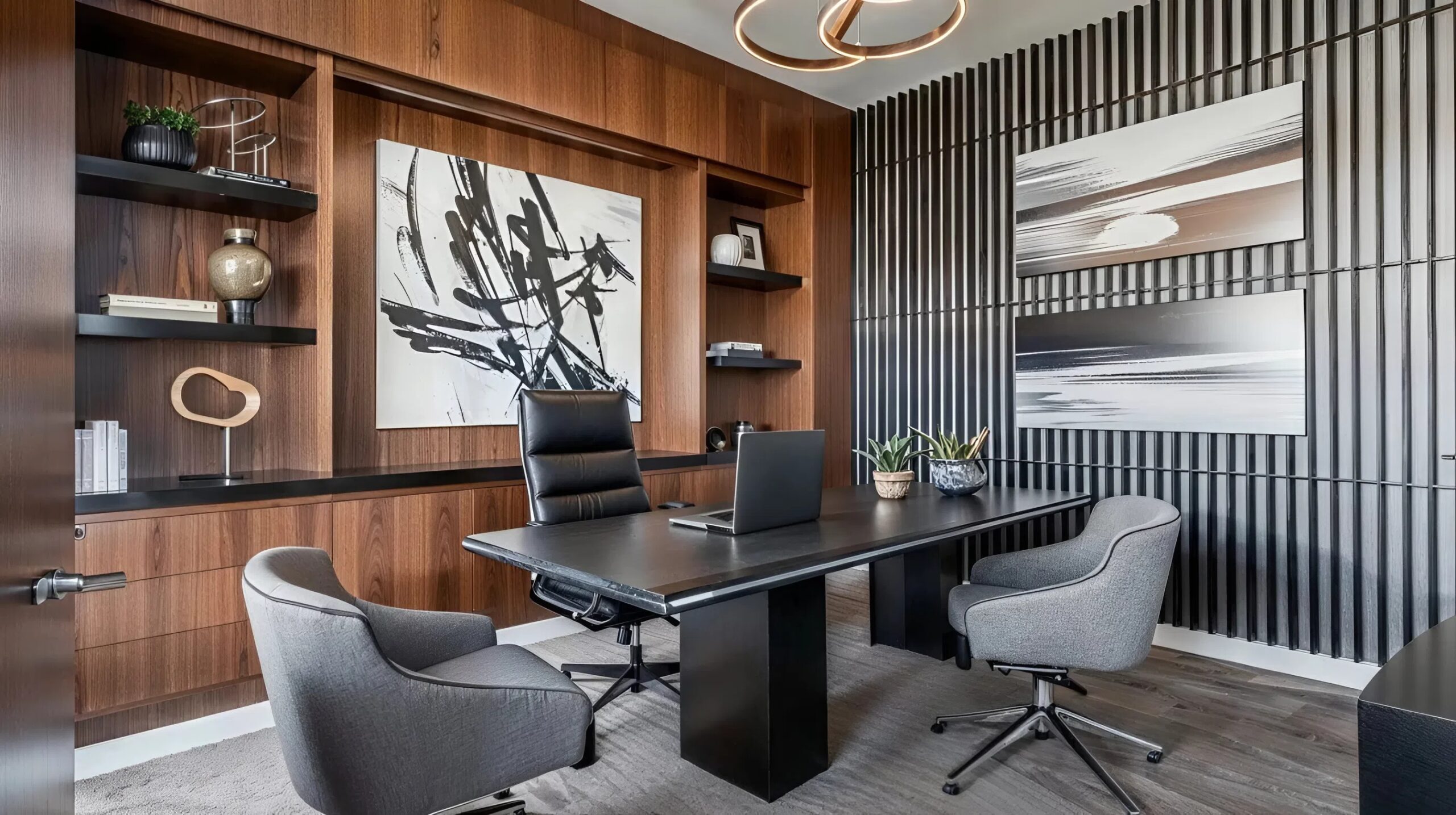 Modern office with neutral paint tones and bold black-and-white trims by a painter in Largo, FL