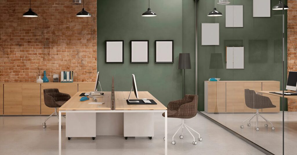 2026 Commercial Color Forecast: What a Painter in Wesley Chapel, FL Recommends for Modern Workspaces 1 Freshly painted offices with deep green accent walls and exposed brick surfaces by a painter in Wesley Chapel FL