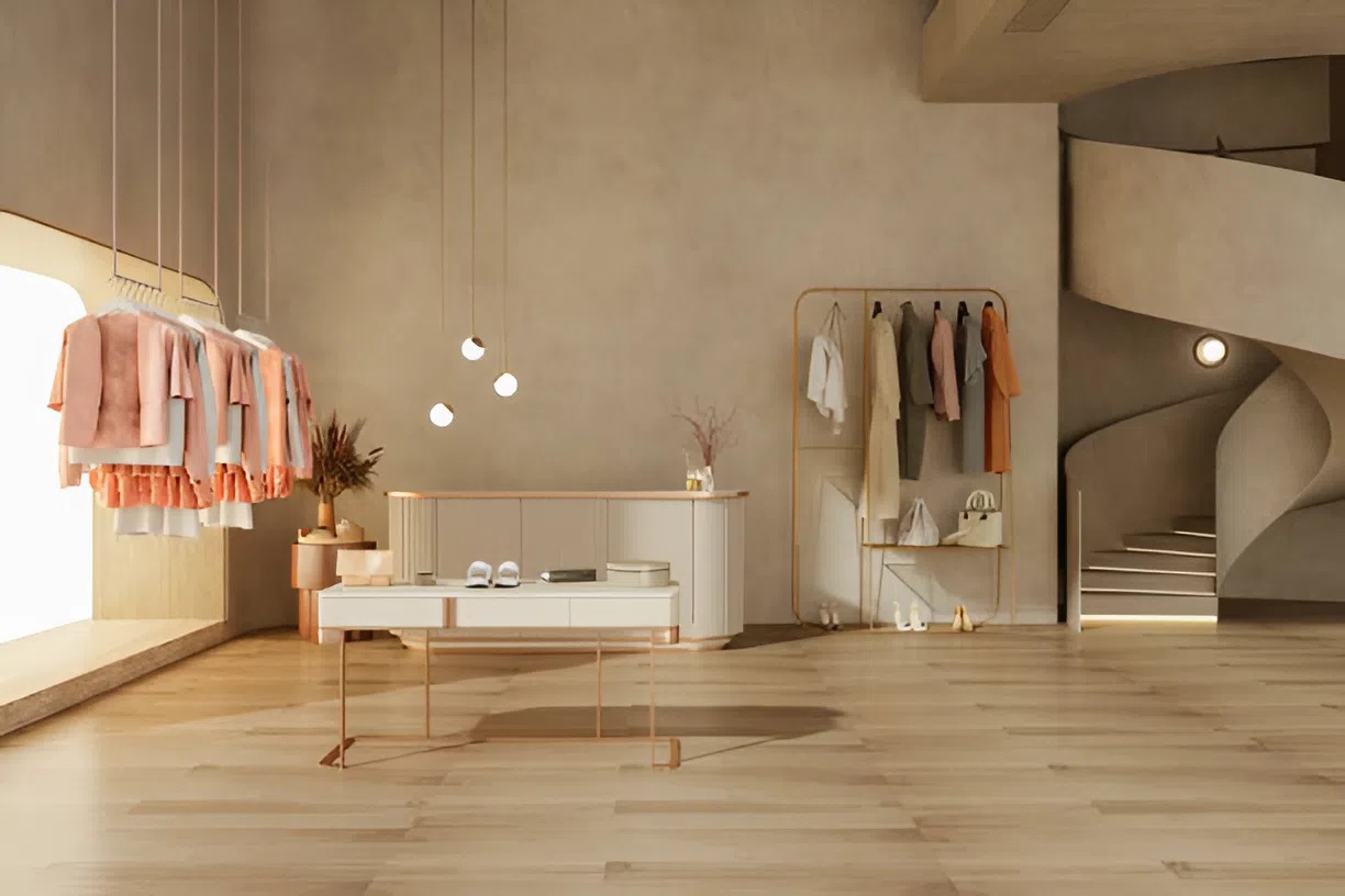 Modern retail interior with soft neutral wall paint and smooth finishes by a commercial painter in St. Pete Beach, FL