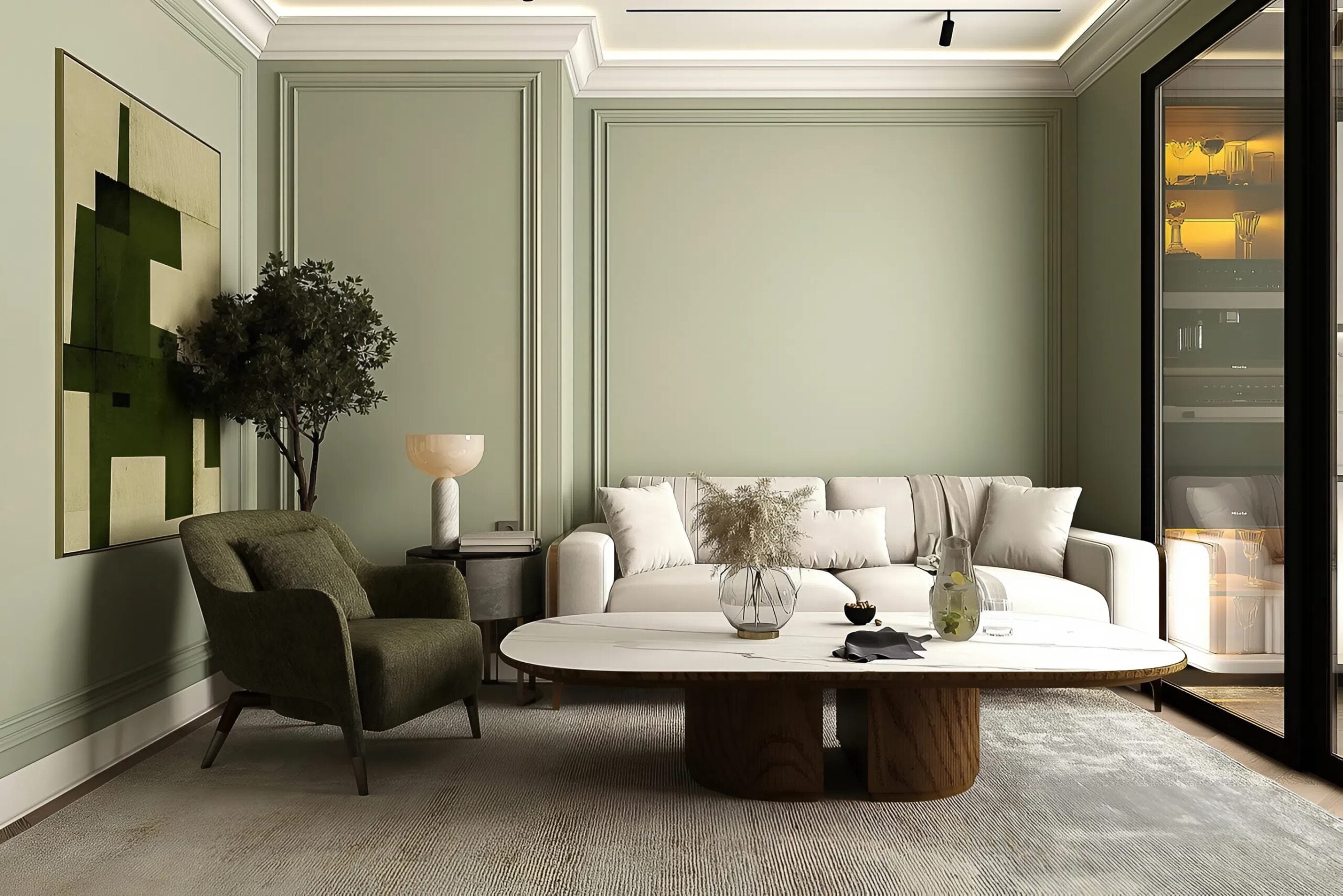 Sage green interior wall paint with soft olive undertones in a modern living room by a painter in Seminole, FL