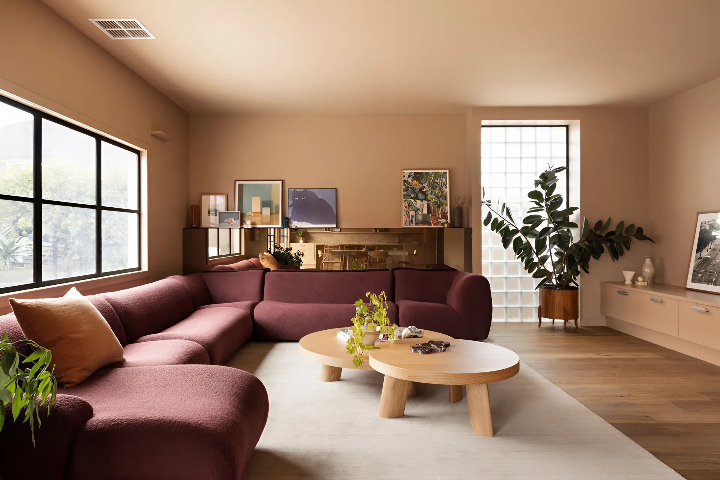Warm beige and soft peach interior wall paint in a modern living room completed by a painter in Seminole, FL