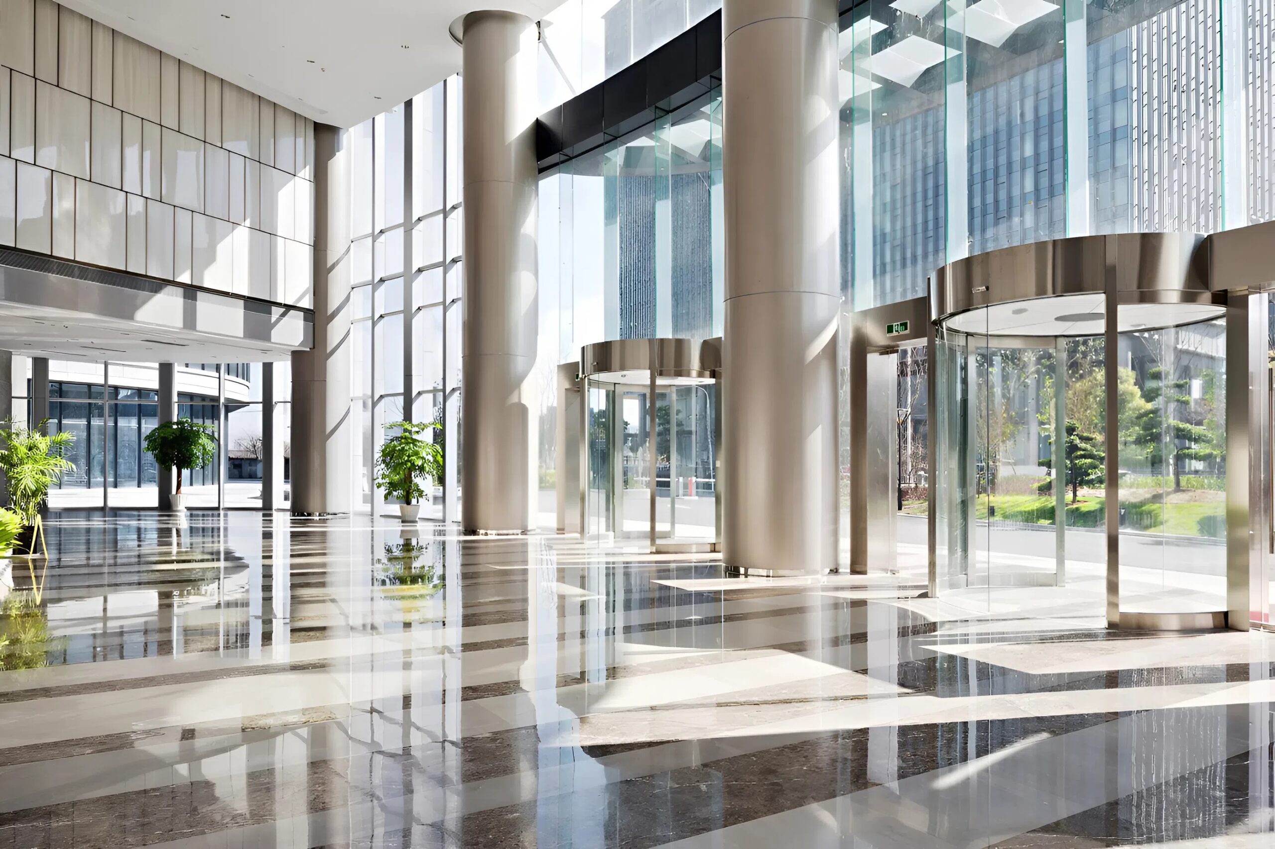 Bright commercial lobby interior with natural light and neutral finishes by a painter in St. Petersburg, FL