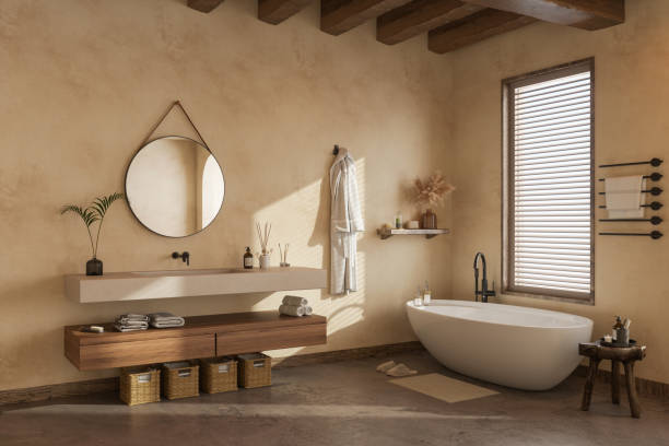 Enhancing Your Bathroom Aesthetically: Tips from a House Painter in St. Pete Beach, FL 1 Beige walls with stained wood ceiling beams and white trim by a house painter in St. Pete Beach, FL.