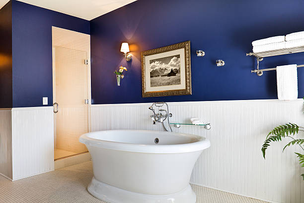 Deep navy blue accent walls with crisp white trims by a house painter in St. Pete Beach, FL.